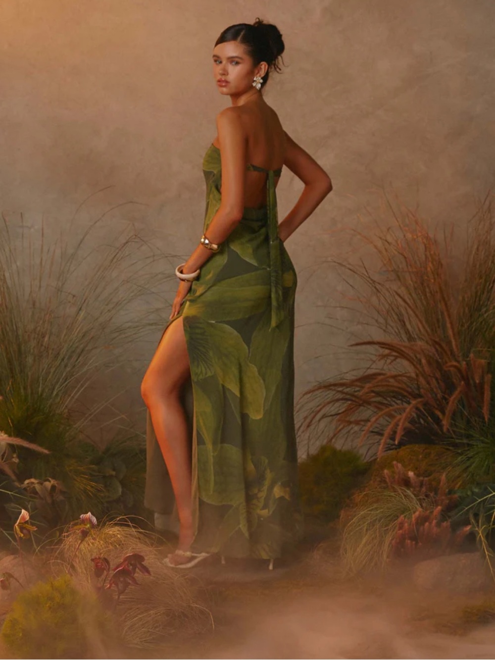 Peppermayo Olive Green Floral Tropical Leaves Strapless Nettle Maxi Dress - Picture 2 of 13